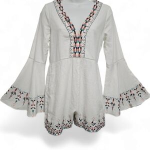 Womens Small Red Carter Festival Romper Linen Blend White Embroidered Pockets